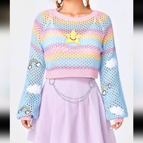 Women's Star Embroidery Color Block Hollow Out Sweater - Picture 1 of 4